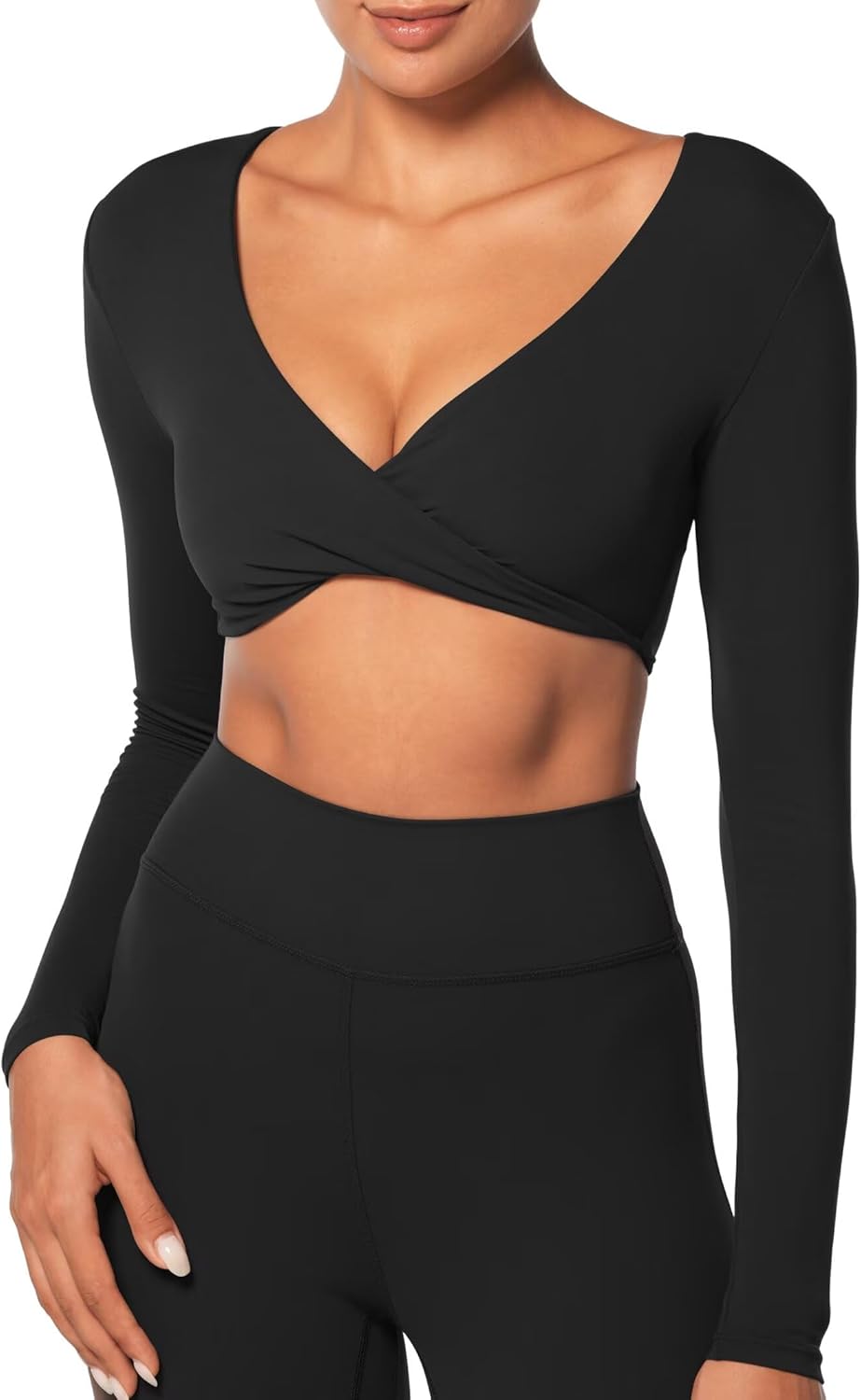 Women's Long Sleeve Crop Top Buttery Soft V Twist Workout Tee with Compression for Yoga Pilates Gym
