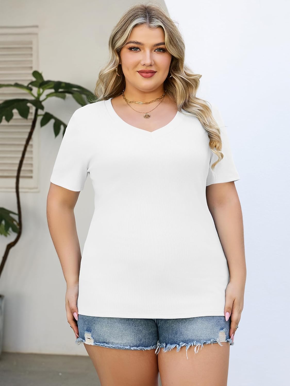 Womens Tops V Neck Short Sleeve Ribbed Knit Shirts Summer Fitted Basic Tee Casual Blouse Womens Tops V Neck Short Sleeve Ribbed Knit Shirts Summer Fitted Basic Tee Casual Blouse