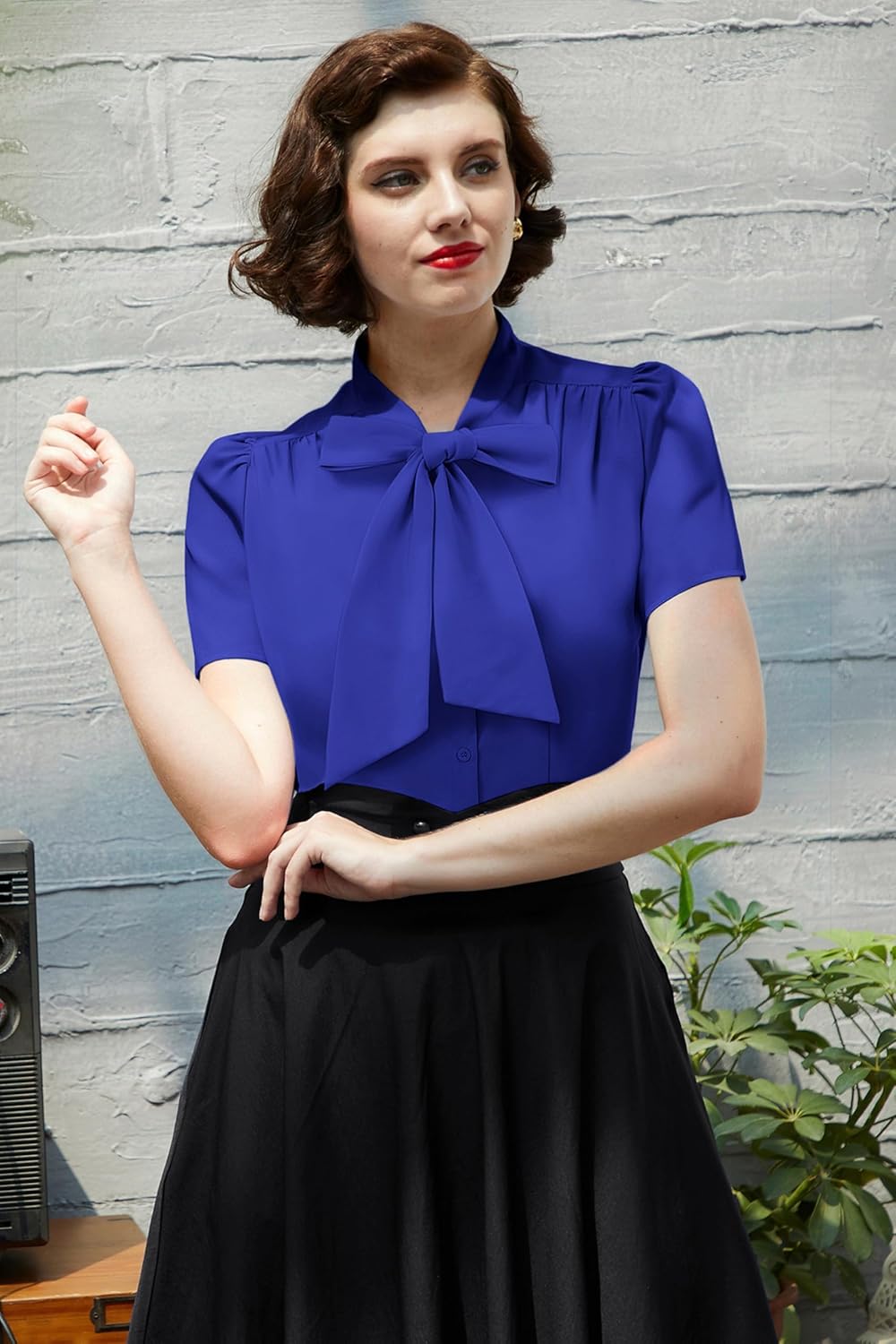 Summer Short Sleeve Office Button Down Blouse Stripe Shirt Tops with Bow Tie BP573 Summer Short Sleeve Office Button Down Blouse Stripe Shirt Tops with Bow Tie BP573
