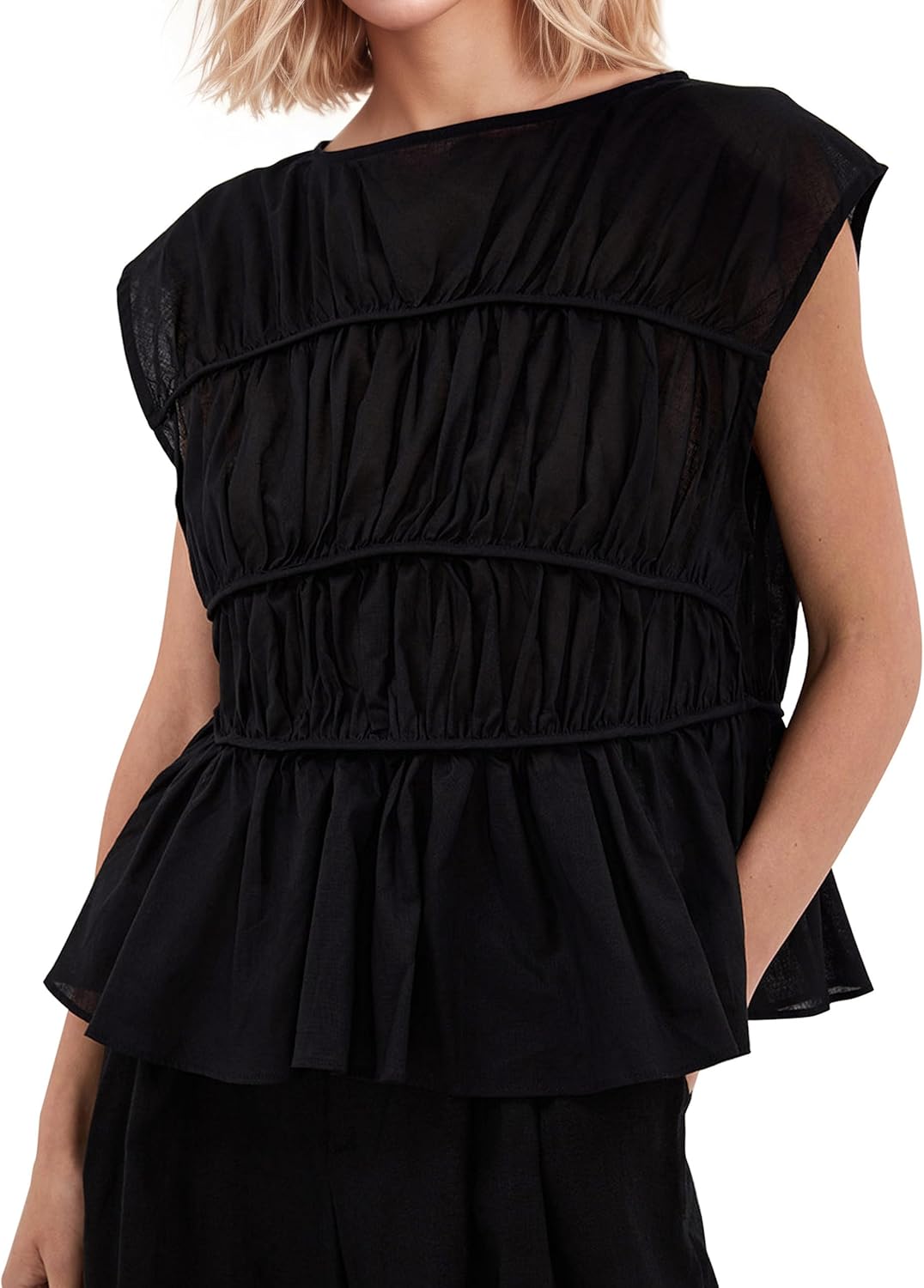 Women's Casual Tiered Shirred Tank Top Crew Neck Cap Sleeve Pleated Flared Hem Babydoll Tee Shirt Blouse Tops