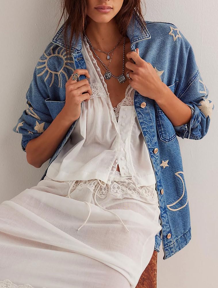 Women's Fall Embroidery Jacket Vintage Boyfriend Casual Jean Jacket Women's Fall Embroidery Jacket Vintage Boyfriend Casual Jean Jacket