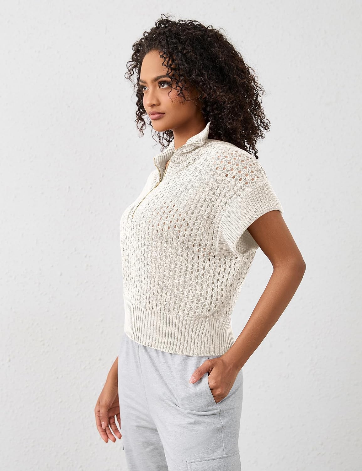Womens Spring Cap Sleeve Crochet Sweaters Loose Fit Quarter Zip Lightweight Hollow Out Beach Vacations Clothes Womens Spring Cap Sleeve Crochet Sweaters Loose Fit Quarter Zip Lightweight Hollow Out Beach Vacations Clothes