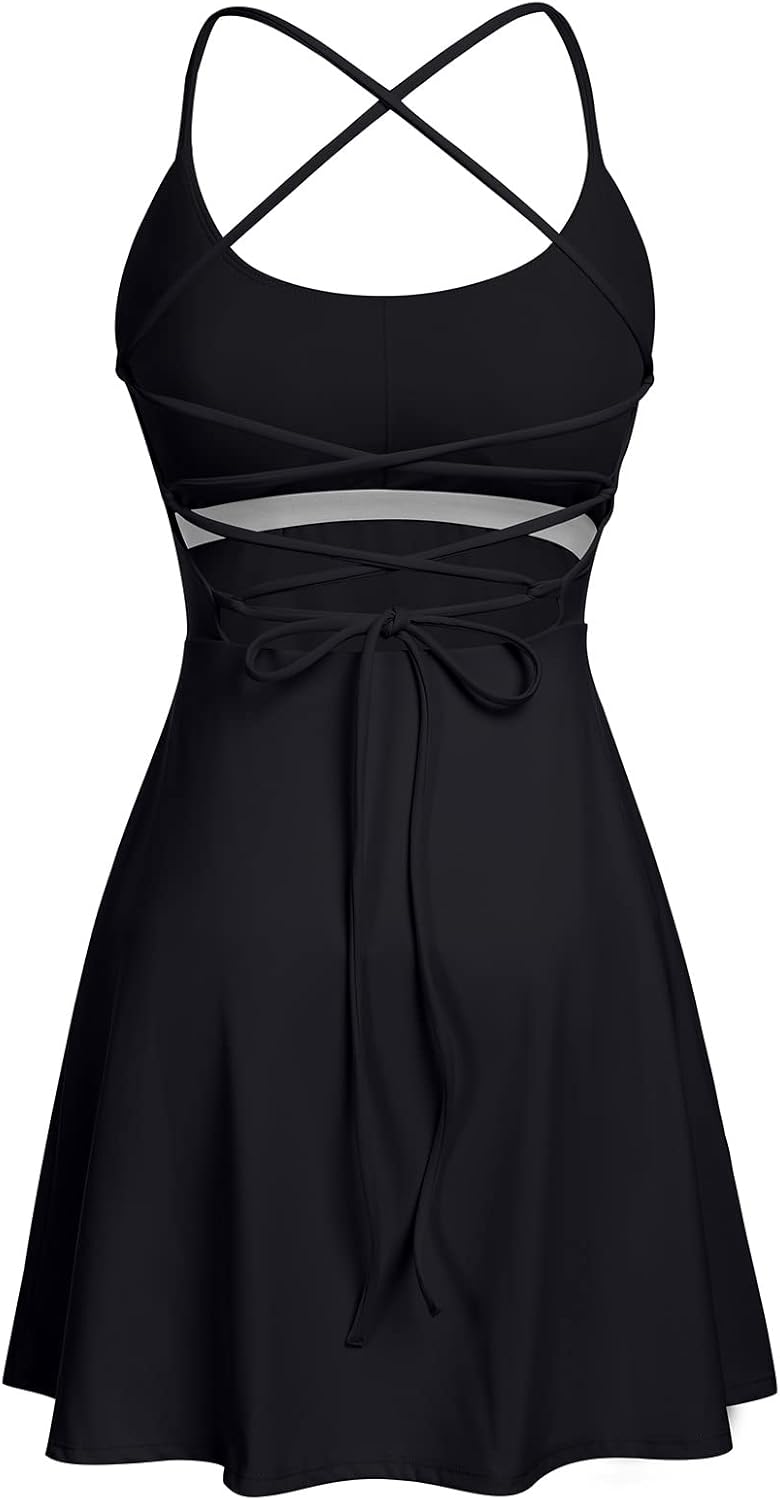 Tennis Dress for Women Backless Lace Up Workout Dress with Built-in Bras & Shorts Exercise Athletic Golf Dresses for Women Tennis Dress for Women Backless Lace Up Workout Dress with Built-in Bras & Shorts Exercise Athletic Golf Dresses for Women