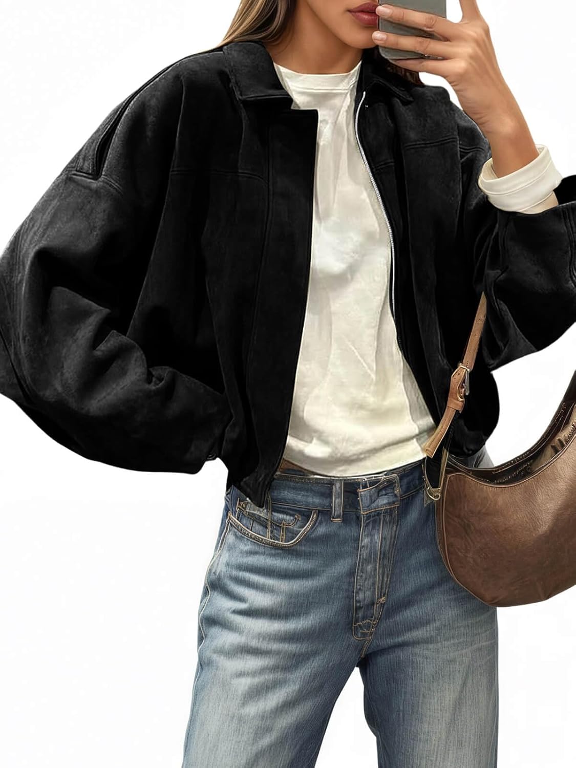 Womens Faux Suede Bomber Jackets Cropped Zip Up Lapel Coats Fall Casual Outerwears Womens Faux Suede Bomber Jackets Cropped Zip Up Lapel Coats Fall Casual Outerwears