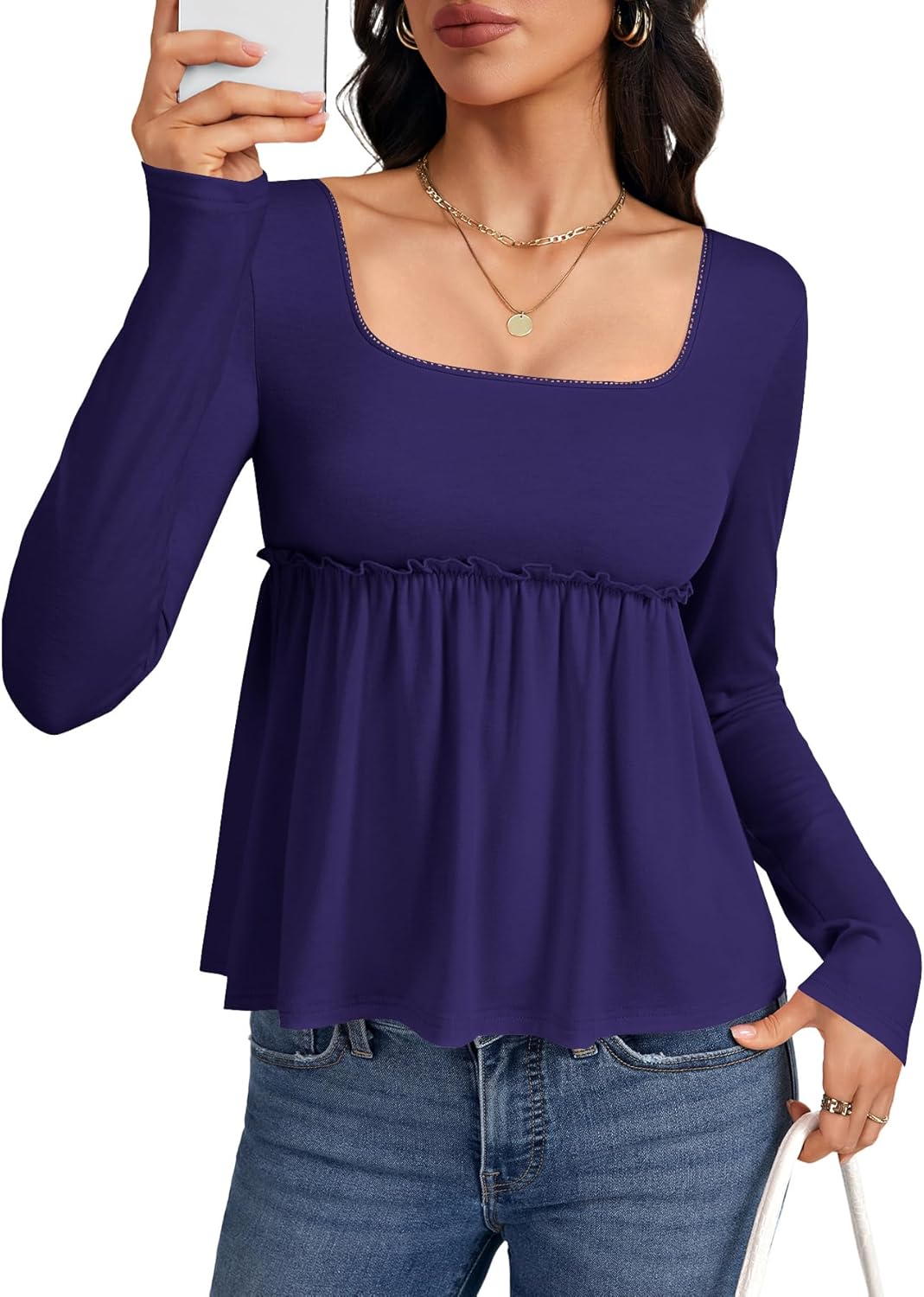 Women's Square Neck Frill Ruched Long Sleeve Babydoll Peplum Top Blouse Shirt