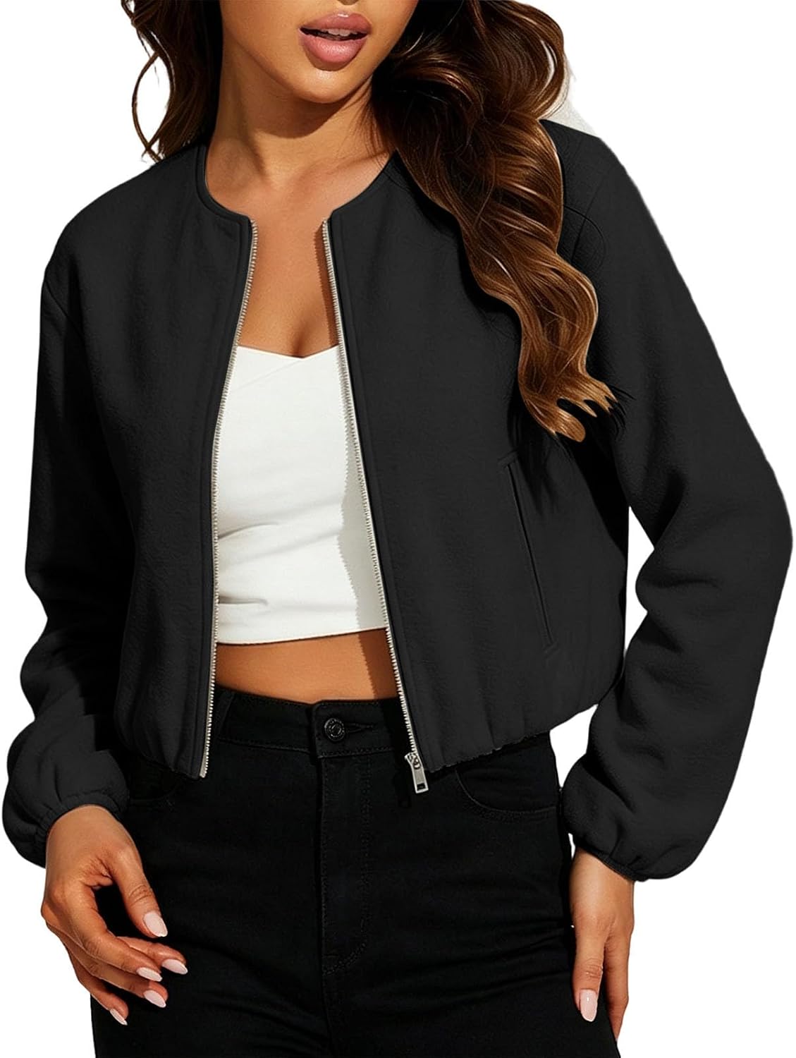 Women's Cropped Jackets Full Zip Lightweight Coat with Pockets Fall Winter Casual Clothes Women's Cropped Jackets Full Zip Lightweight Coat with Pockets Fall Winter Casual Clothes