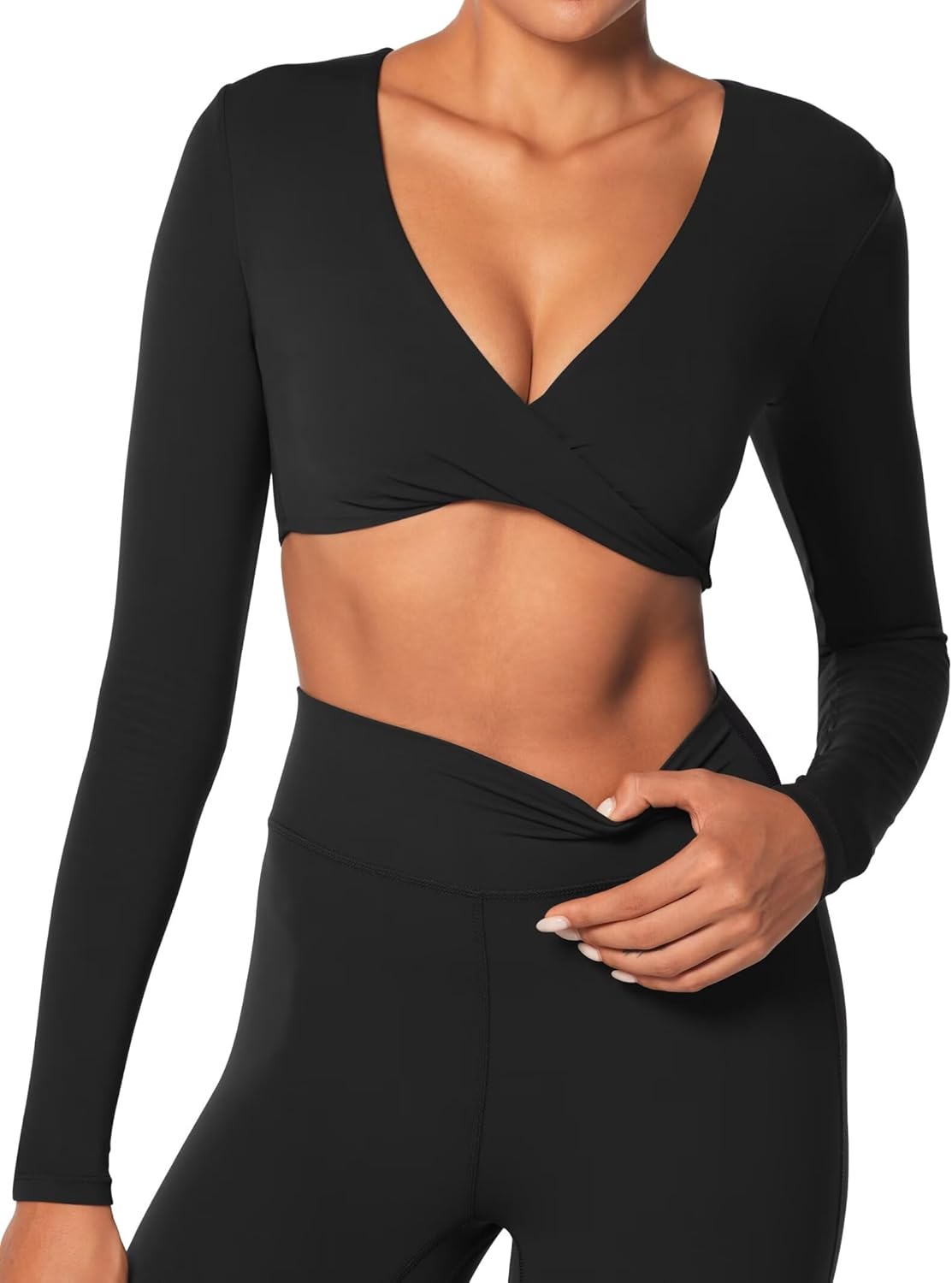 Women's Long Sleeve Crop Top Buttery Soft V Twist Workout Tee with Compression for Yoga Pilates Gym