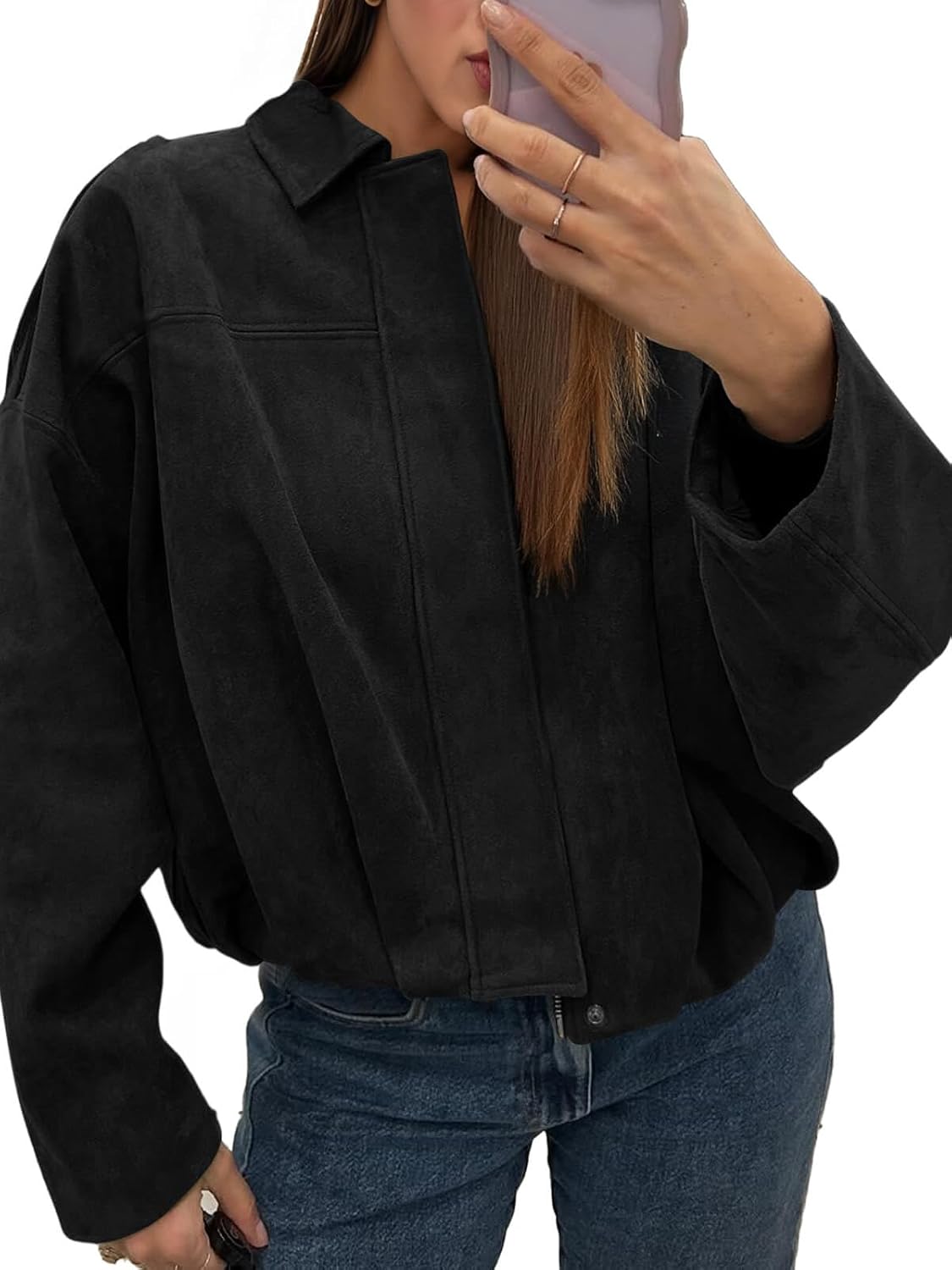 Womens Faux Suede Bomber Jackets Cropped Zip Up Lapel Coats Fall Casual Outerwears Womens Faux Suede Bomber Jackets Cropped Zip Up Lapel Coats Fall Casual Outerwears