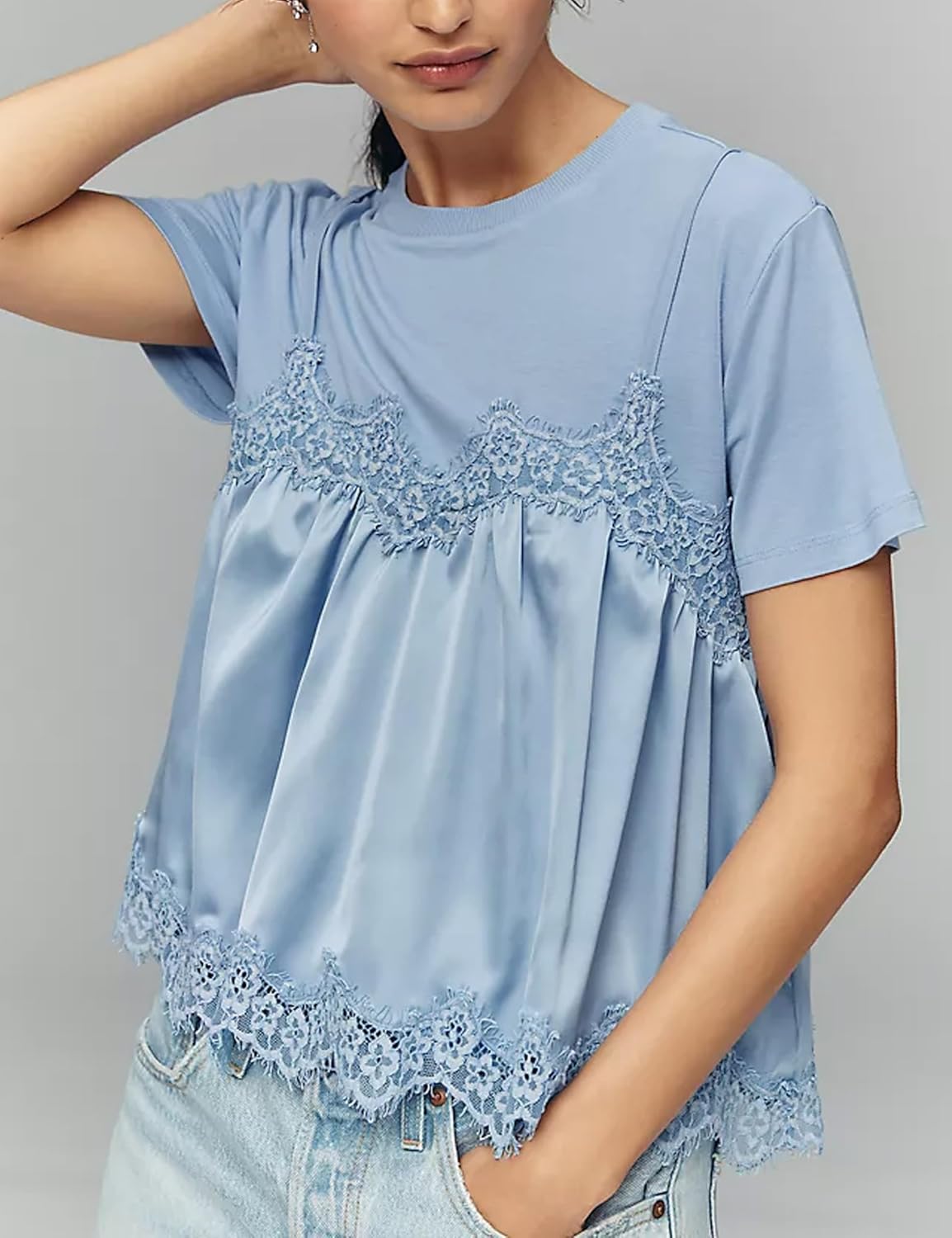 Lace Tops for Women Crew Neck Short Sleeve Blouse Ruffled Flowy Hem T-Shirts 2 in 1 Tank Blouse Summer T Shirts