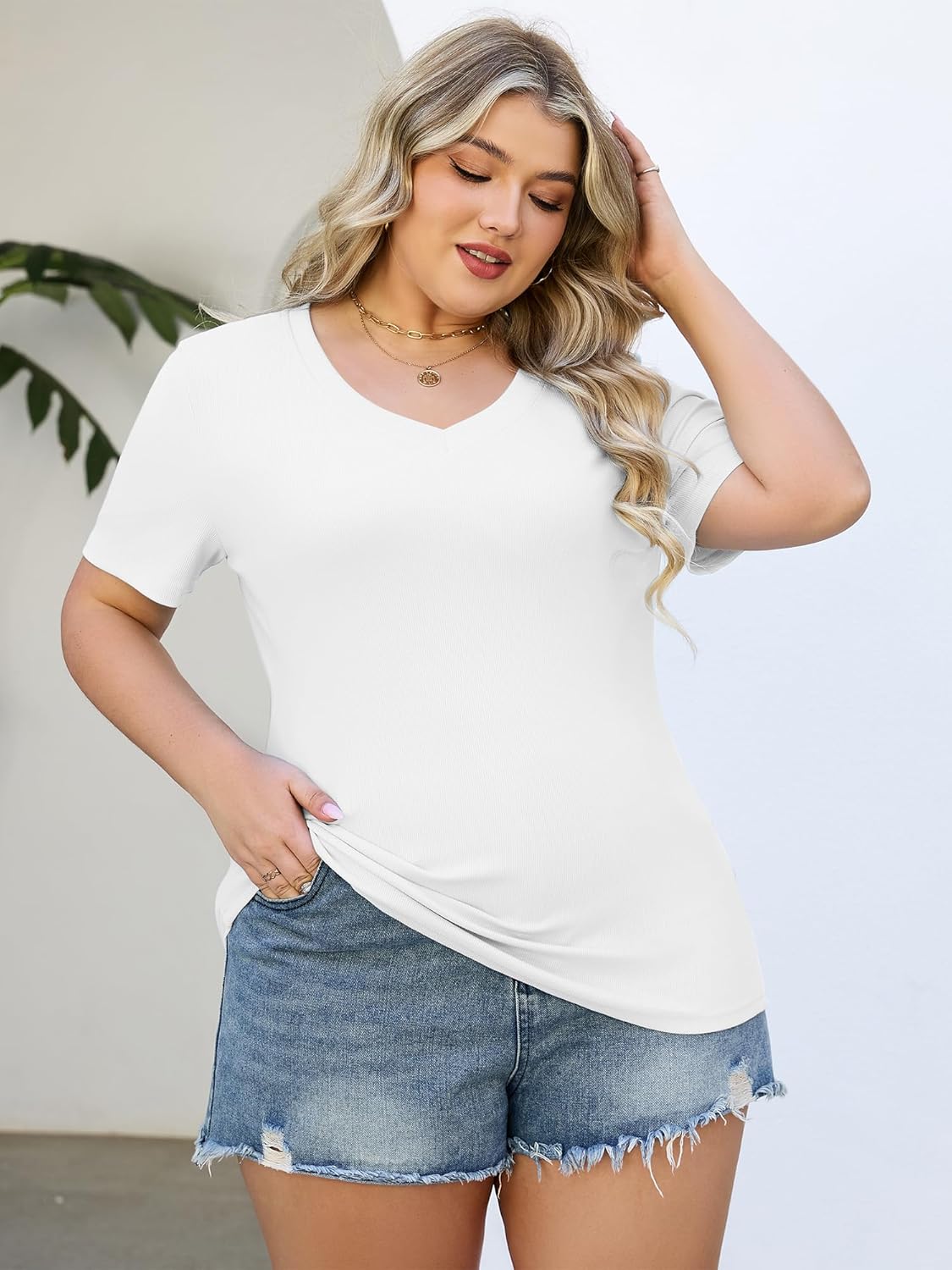 Womens Tops V Neck Short Sleeve Ribbed Knit Shirts Summer Fitted Basic Tee Casual Blouse Womens Tops V Neck Short Sleeve Ribbed Knit Shirts Summer Fitted Basic Tee Casual Blouse