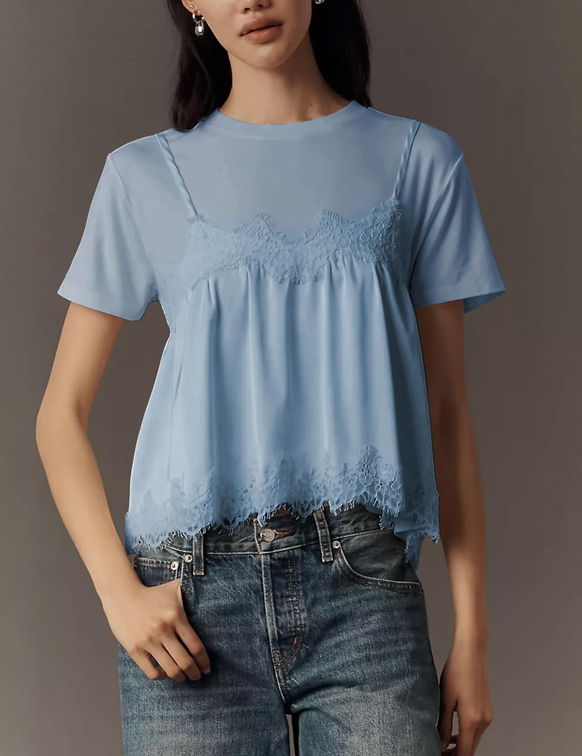 Lace Tops for Women Crew Neck Short Sleeve Blouse Ruffled Flowy Hem T-Shirts 2 in 1 Tank Blouse Summer T Shirts
