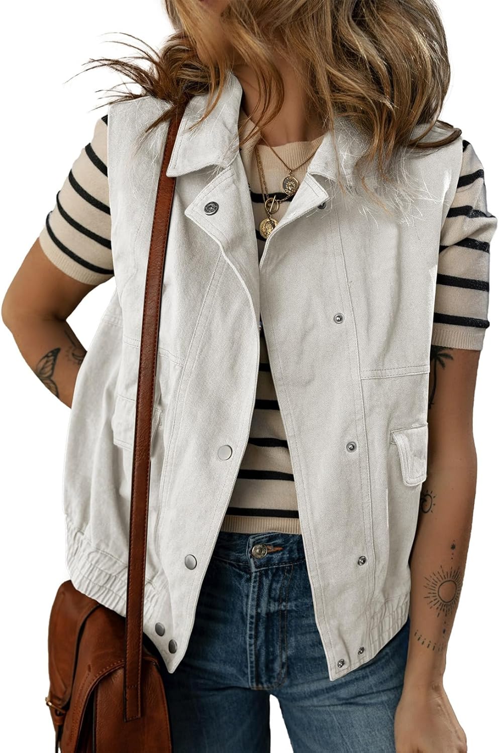 Womens Vests Spring Summer Outerwear Button Down Lapel Collar Elastic Hem Sleeveless Jacket Cargo Vest Tops