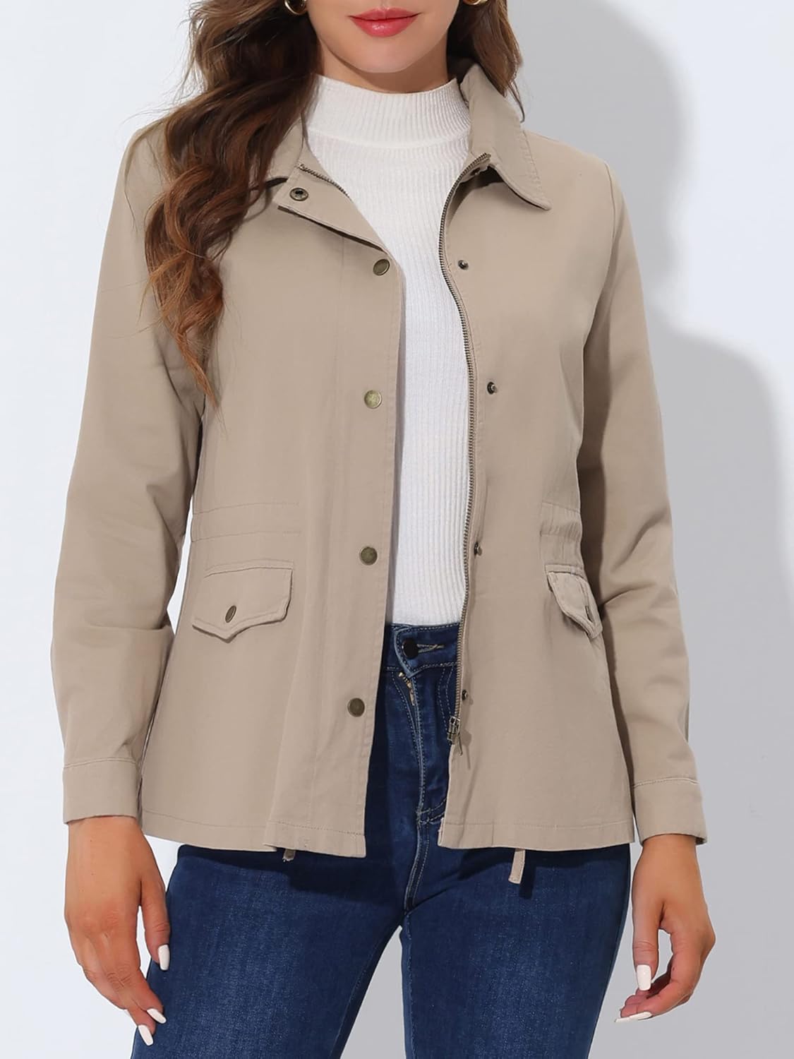 Women's Utility Jacket Zip Up Drawstring Waist Snap Buttons Lightweight Anorak Jackets with Pockets Women's Utility Jacket Zip Up Drawstring Waist Snap Buttons Lightweight Anorak Jackets with Pockets