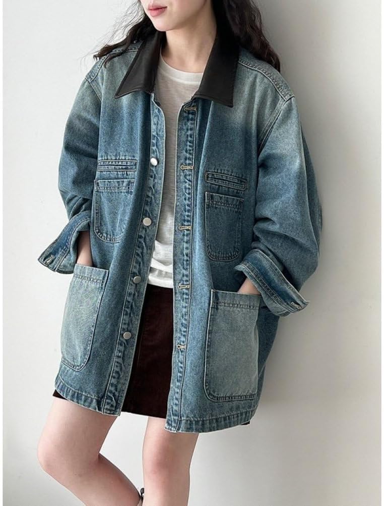 Button Up Jacket for Women Patchwork Lapel Mid Long Motorcycle Coat Button Up Jacket for Women Patchwork Lapel Mid Long Motorcycle Coat