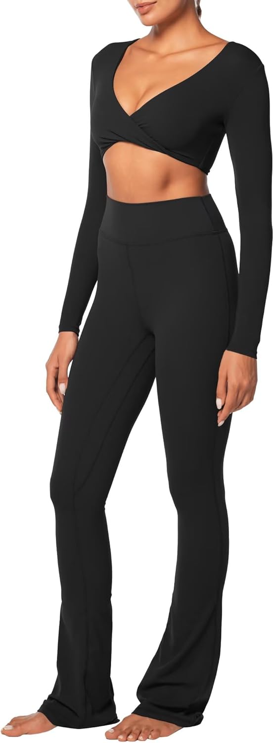 Women's Long Sleeve Crop Top Buttery Soft V Twist Workout Tee with Compression for Yoga Pilates Gym