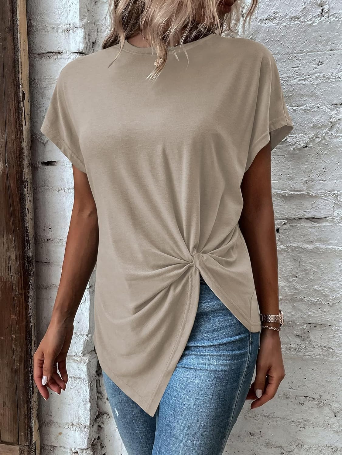 Asymmetrical Tops for Women Twist Front Top Crewneck Knot Short Sleeve T Shirts Asymmetrical Tops for Women Twist Front Top Crewneck Knot Short Sleeve T Shirts