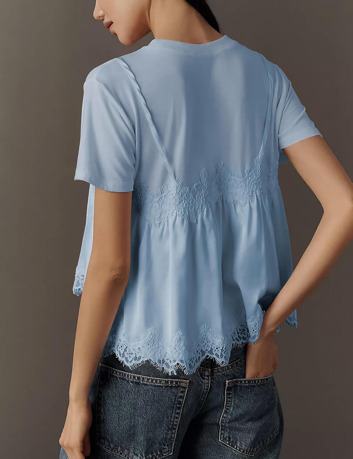 Lace Tops for Women Crew Neck Short Sleeve Blouse Ruffled Flowy Hem T-Shirts 2 in 1 Tank Blouse Summer T Shirts