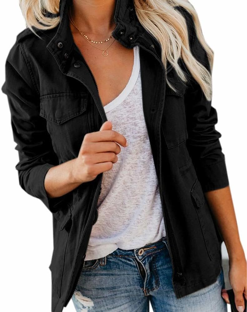 Zip Up Military Anorak Jackets for Women Long Sleeve Snap Buttons Drawstring Cargo Utility Coats with Pockets