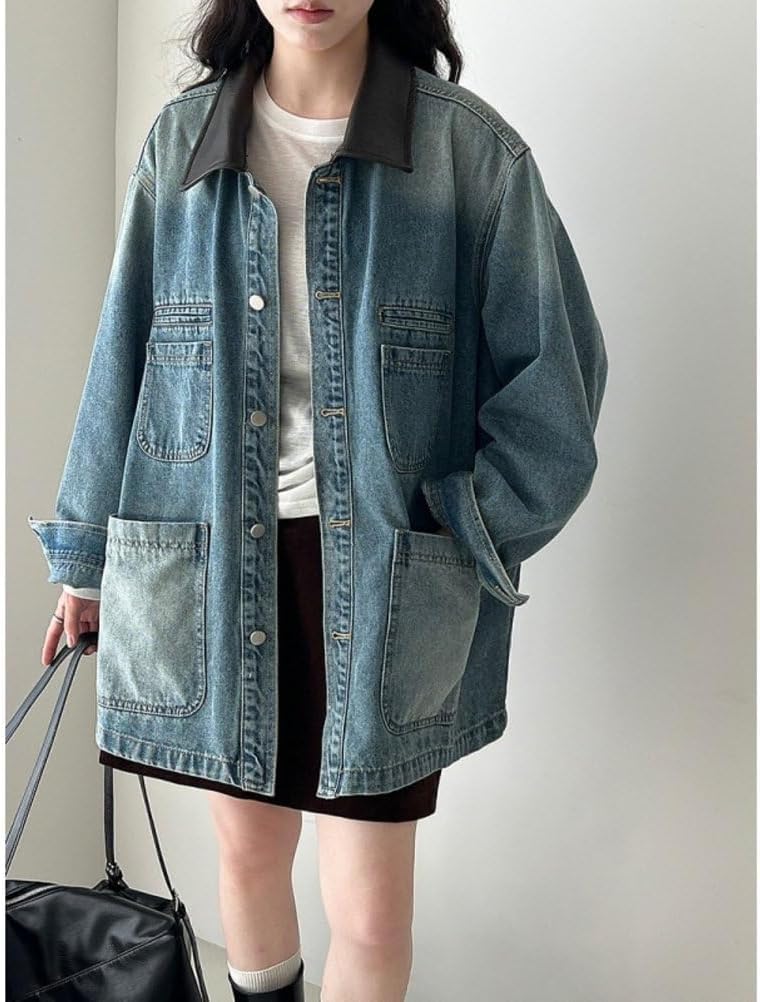 Button Up Jacket for Women Patchwork Lapel Mid Long Motorcycle Coat Button Up Jacket for Women Patchwork Lapel Mid Long Motorcycle Coat
