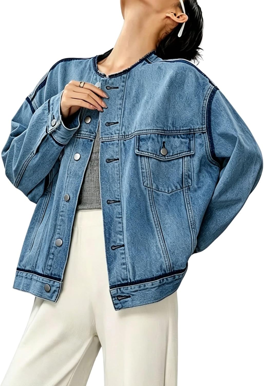 Women's Contrast Trim Jacket Boyfriend Collarless Button Down Distressed Jacket Women's Contrast Trim Jacket Boyfriend Collarless Button Down Distressed Jacket