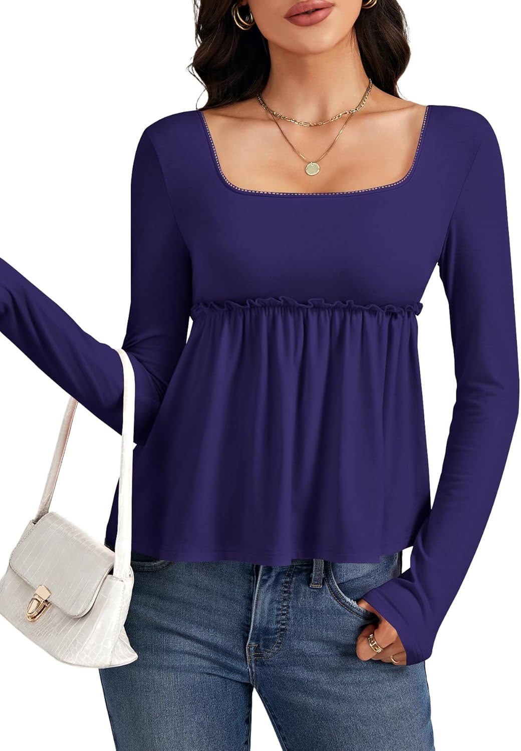 Women's Square Neck Frill Ruched Long Sleeve Babydoll Peplum Top Blouse Shirt Women's Square Neck Frill Ruched Long Sleeve Babydoll Peplum Top Blouse Shirt