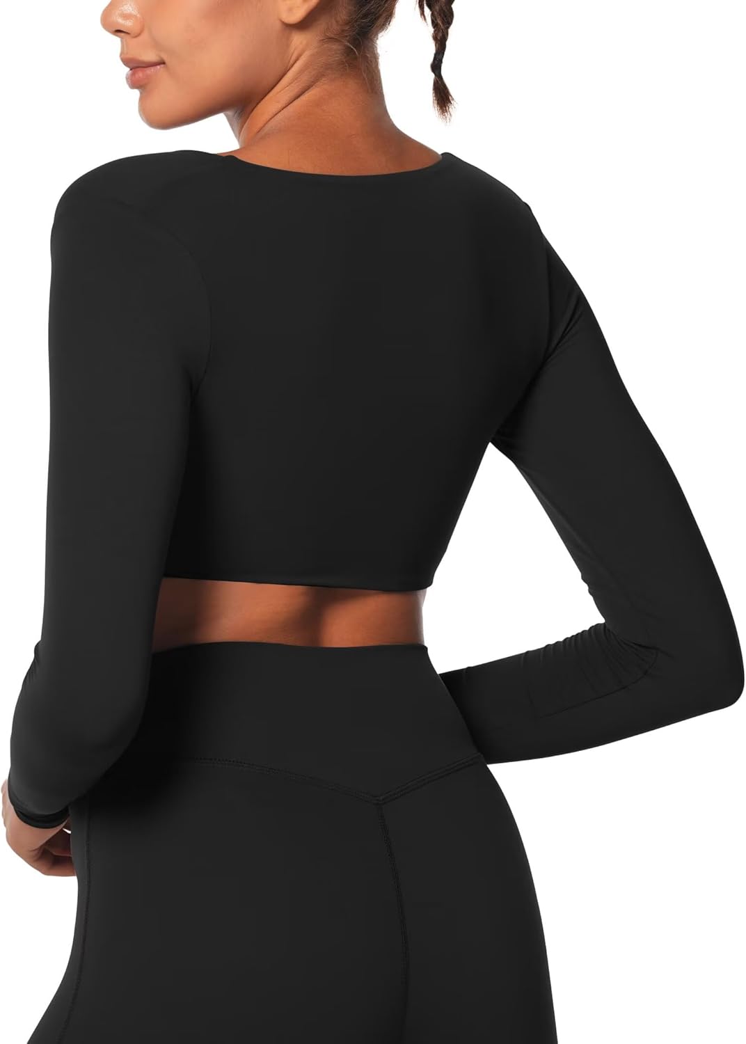 Women's Long Sleeve Crop Top Buttery Soft V Twist Workout Tee with Compression for Yoga Pilates Gym