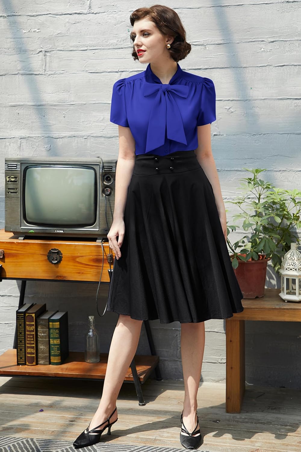 Summer Short Sleeve Office Button Down Blouse Stripe Shirt Tops with Bow Tie BP573 Summer Short Sleeve Office Button Down Blouse Stripe Shirt Tops with Bow Tie BP573