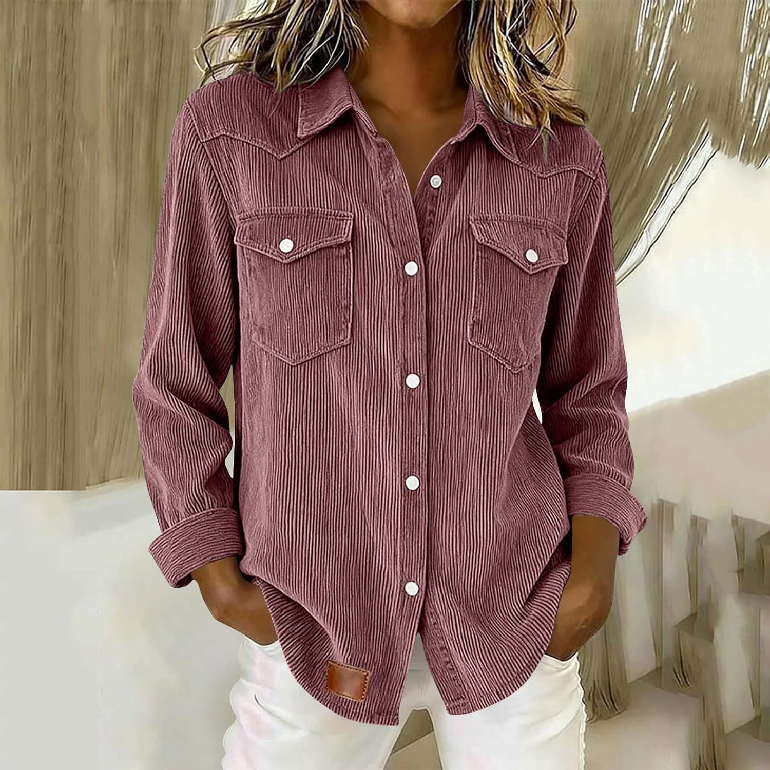 Women's Corduroy Shirts Button Down Long Sleeve Lapel Collared Blouses Casual Loose Fit Jackets Shackets with Pocket Women's Corduroy Shirts Button Down Long Sleeve Lapel Collared Blouses Casual Loose Fit Jackets Shackets with Pocket
