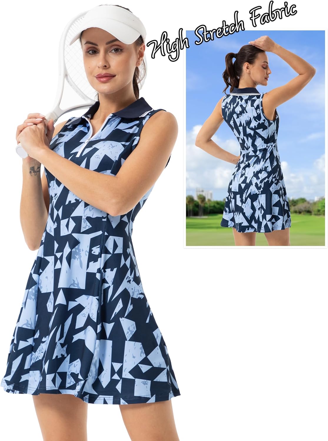 Women's Sleeveless Polo Tennis Dress Abstract Geometric Print Ribbed Collar Half-Zip Golf Pickleball Dress Women's Sleeveless Polo Tennis Dress Abstract Geometric Print Ribbed Collar Half-Zip Golf Pickleball Dress