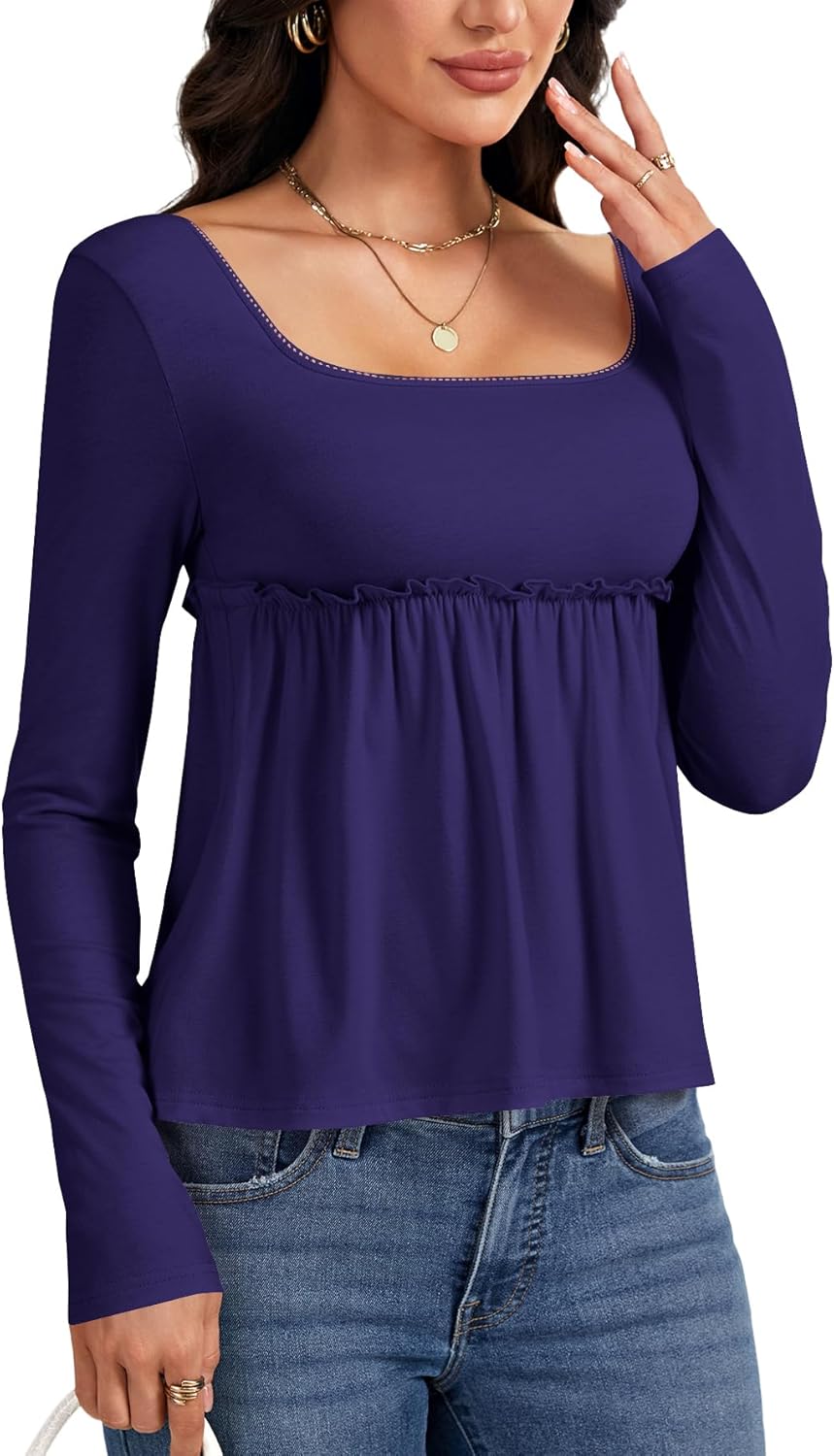 Women's Square Neck Frill Ruched Long Sleeve Babydoll Peplum Top Blouse Shirt Women's Square Neck Frill Ruched Long Sleeve Babydoll Peplum Top Blouse Shirt