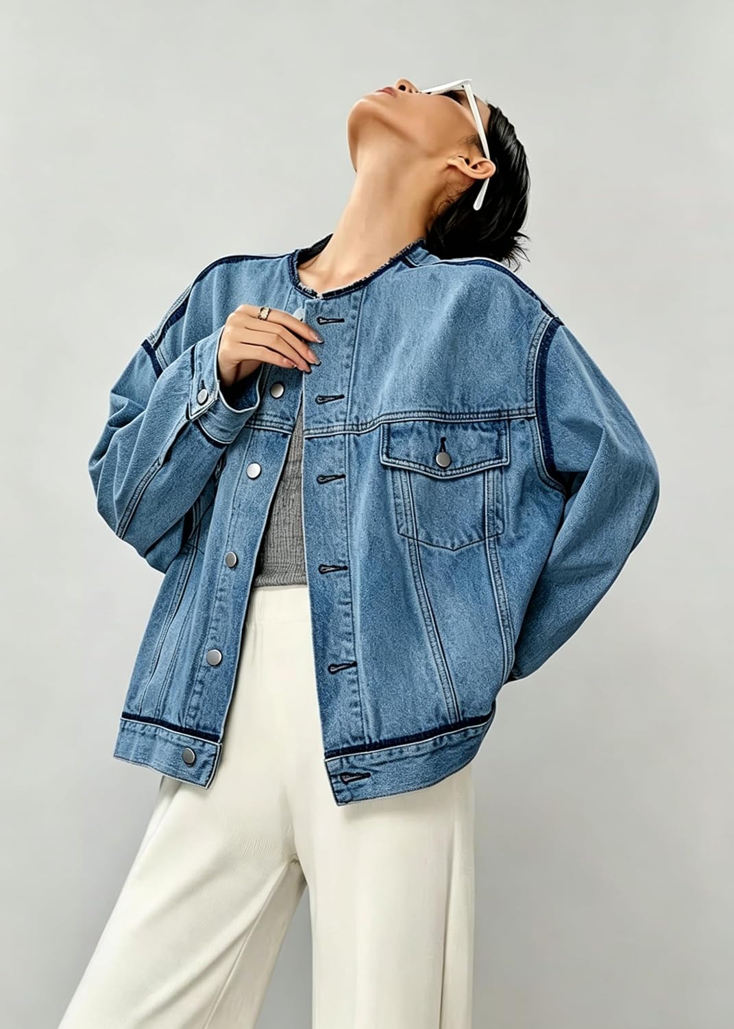 Women's Contrast Trim Jacket Boyfriend Collarless Button Down Distressed Jacket Women's Contrast Trim Jacket Boyfriend Collarless Button Down Distressed Jacket