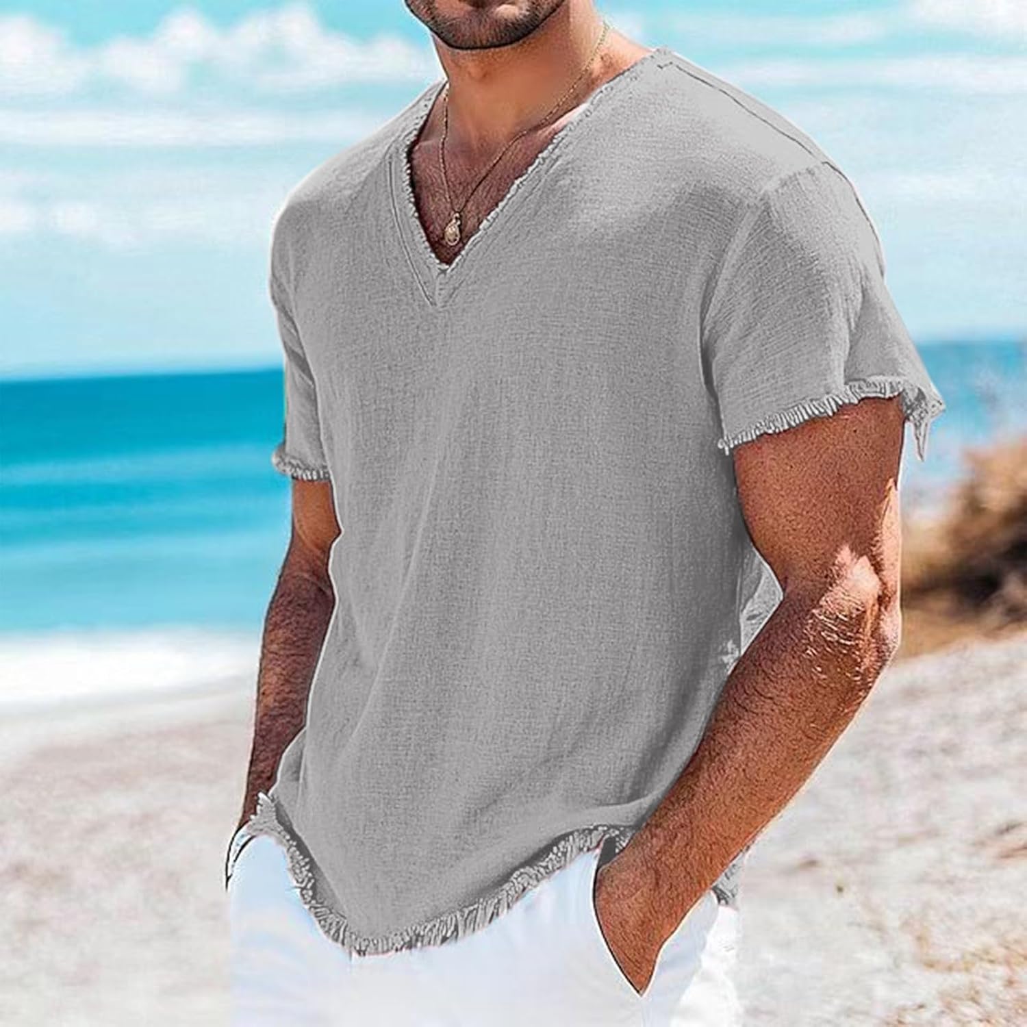 Mens Cotton Linen V-Neck Shirts Retro Frayed Casual Tshirts Short Sleeve Muscle Fit Blouse Summer Vacation Beach Tees