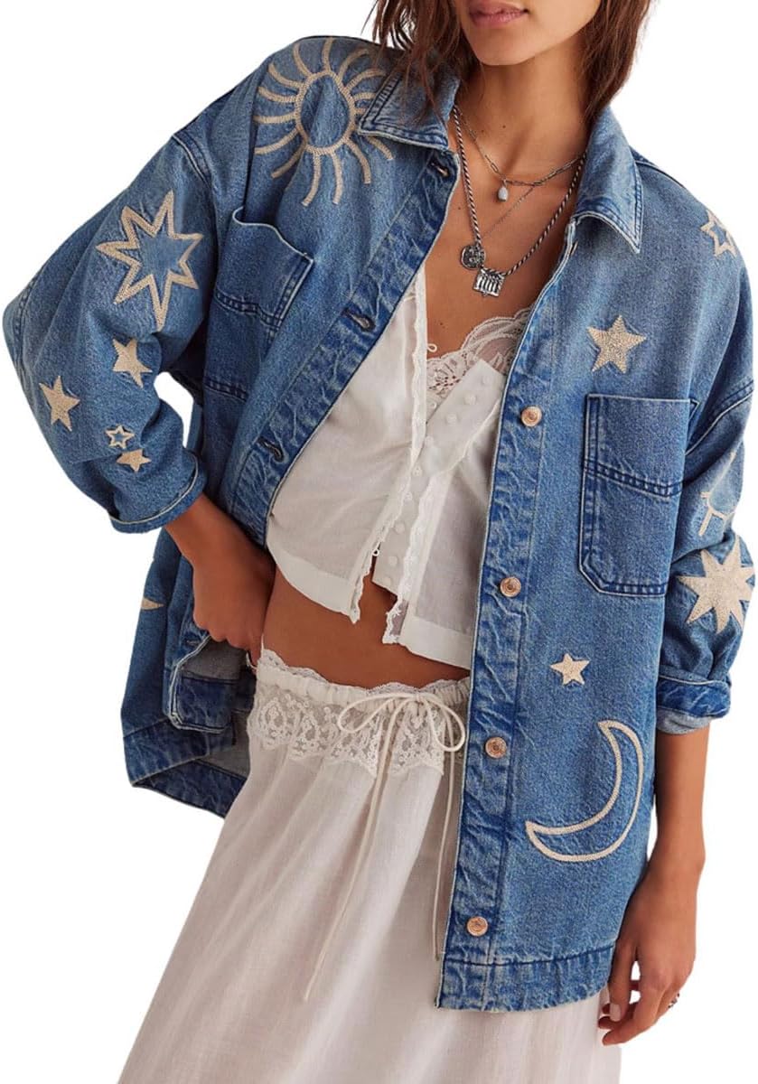 Women's Fall Embroidery Jacket Vintage Boyfriend Casual Jean Jacket Women's Fall Embroidery Jacket Vintage Boyfriend Casual Jean Jacket