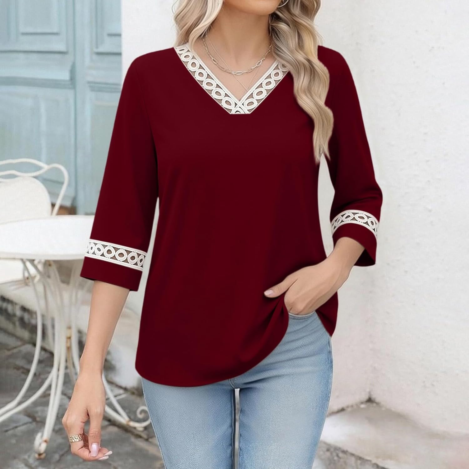 Womens Tops Eyelet Lace V Neck Bell Sleeve Blouses Dressy Casual Work Shirt Summer Spring Fashion Clothing