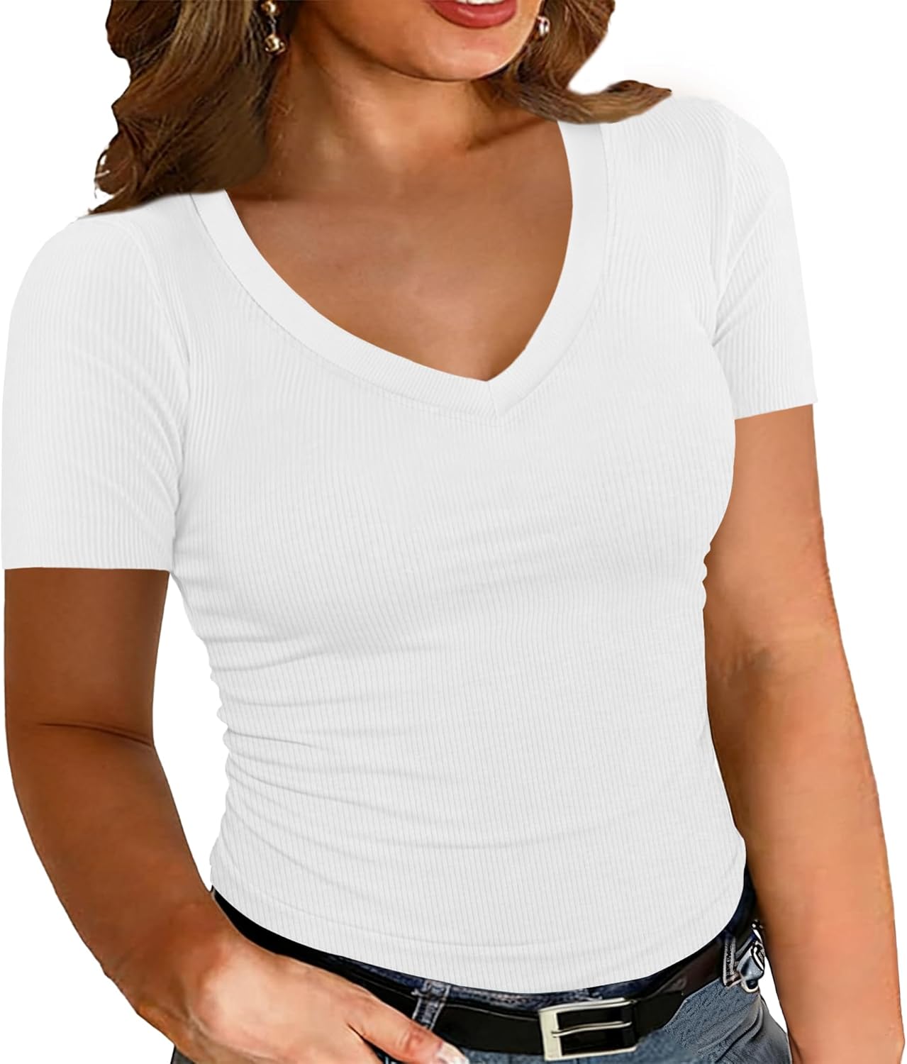 Womens Tops V Neck Short Sleeve Ribbed Knit Shirts Summer Fitted Basic Tee Casual Blouse Womens Tops V Neck Short Sleeve Ribbed Knit Shirts Summer Fitted Basic Tee Casual Blouse
