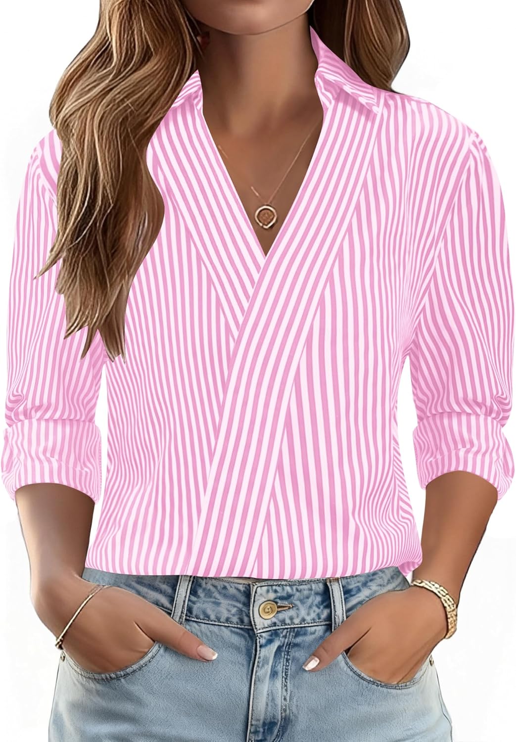 3 4 Length Sleeve Womens Tops Dressy V Neck Collared Shirts Trendy Business Casual Work Blouses Vacation Outfits