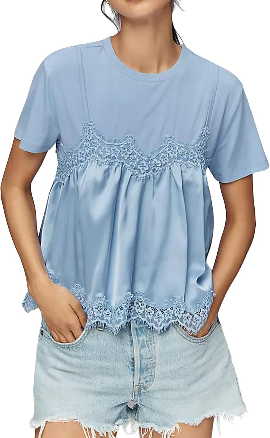 Lace Tops for Women Crew Neck Short Sleeve Blouse Ruffled Flowy Hem T-Shirts 2 in 1 Tank Blouse Summer T Shirts
