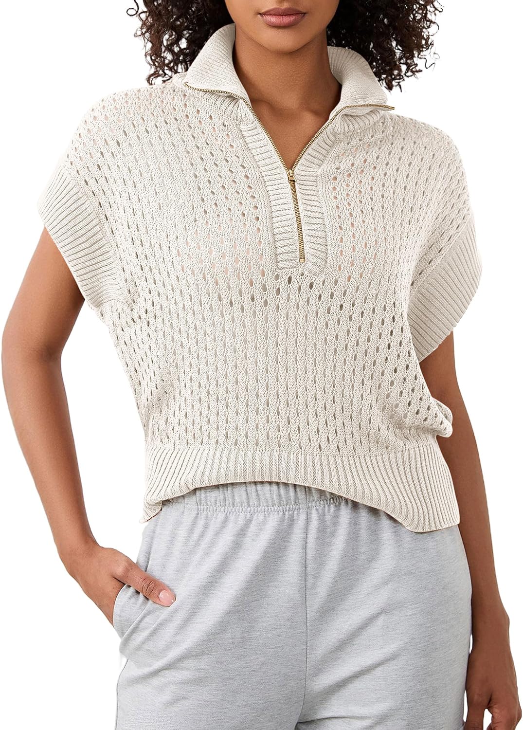 Womens Spring Cap Sleeve Crochet Sweaters Loose Fit Quarter Zip Lightweight Hollow Out Beach Vacations Clothes
