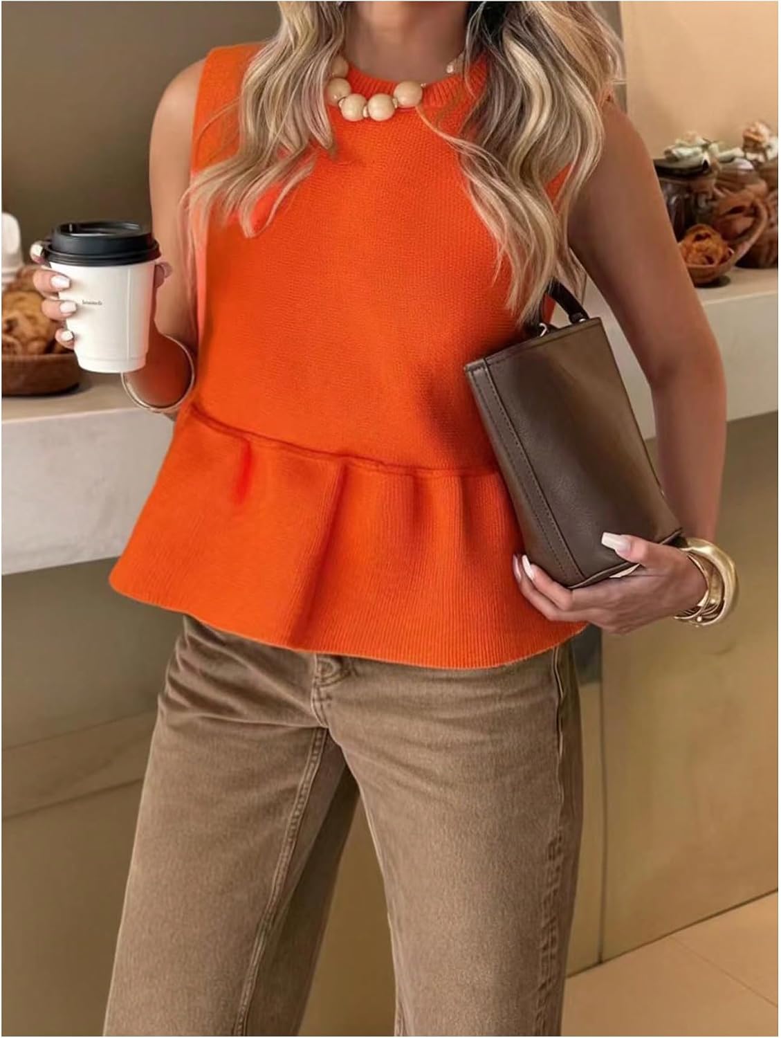 Women's Ruffle Peplum Sweater Tank Top Sleeveless Knit Babydoll Top Sweater Vest Jumper Women's Ruffle Peplum Sweater Tank Top Sleeveless Knit Babydoll Top Sweater Vest Jumper