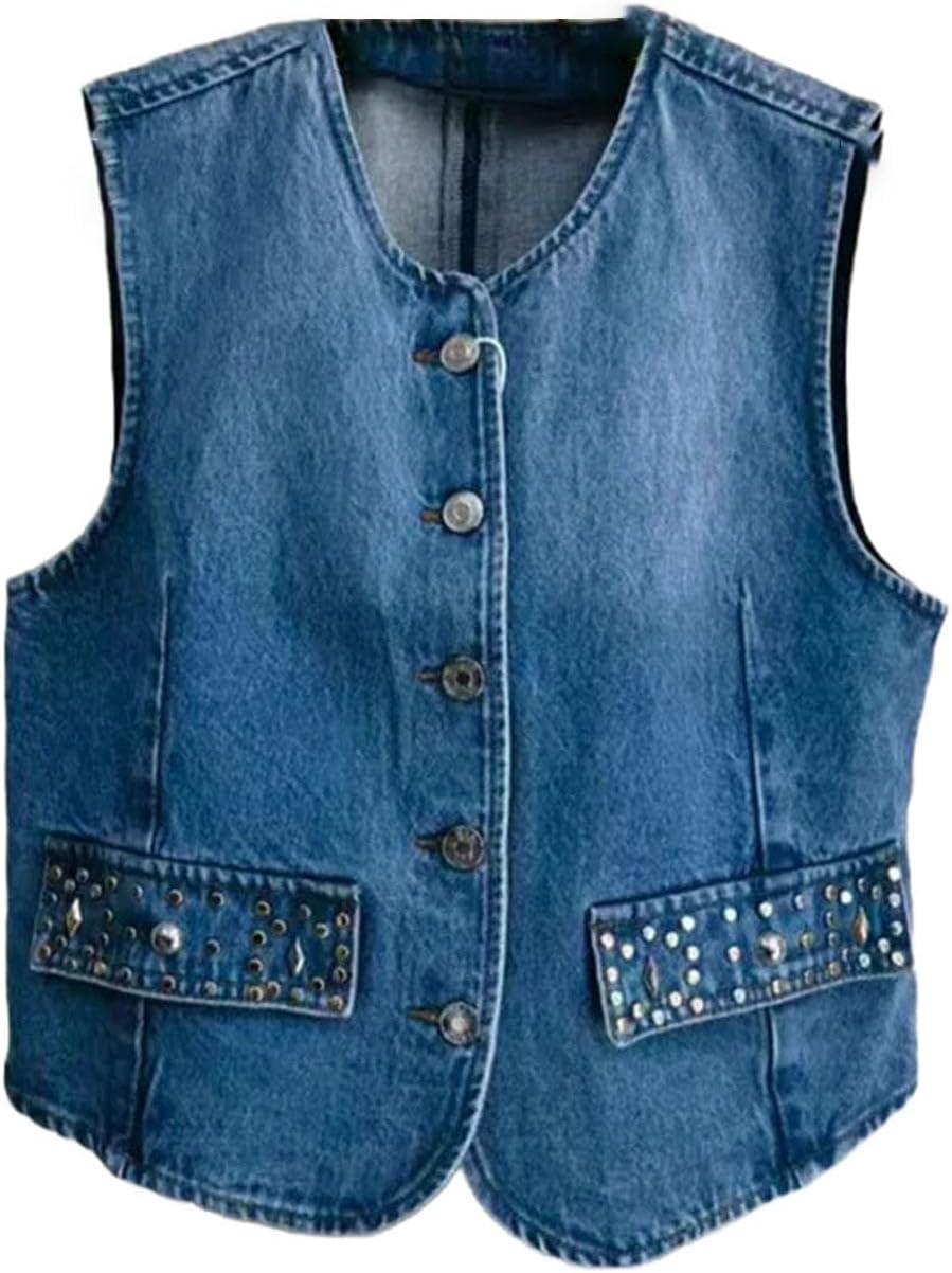 Women Pocket Vest Sleeveless Jean Jacket Streetwear Outerwear