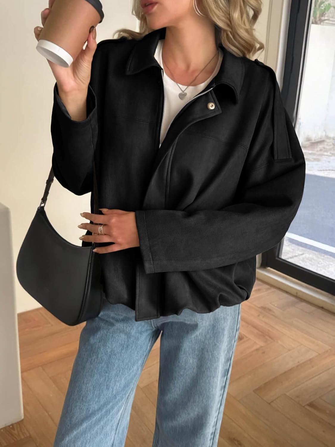 Womens Faux Suede Bomber Jackets Cropped Zip Up Lapel Coats Fall Casual Outerwears Womens Faux Suede Bomber Jackets Cropped Zip Up Lapel Coats Fall Casual Outerwears