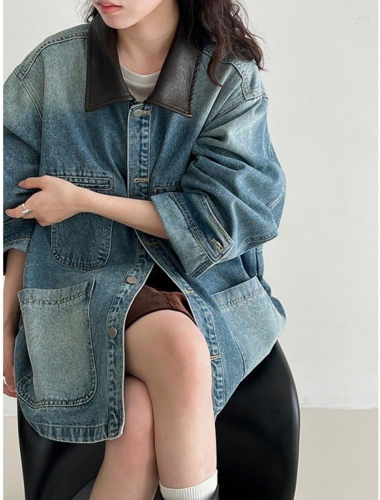 Button Up Jacket for Women Patchwork Lapel Mid Long Motorcycle Coat Button Up Jacket for Women Patchwork Lapel Mid Long Motorcycle Coat
