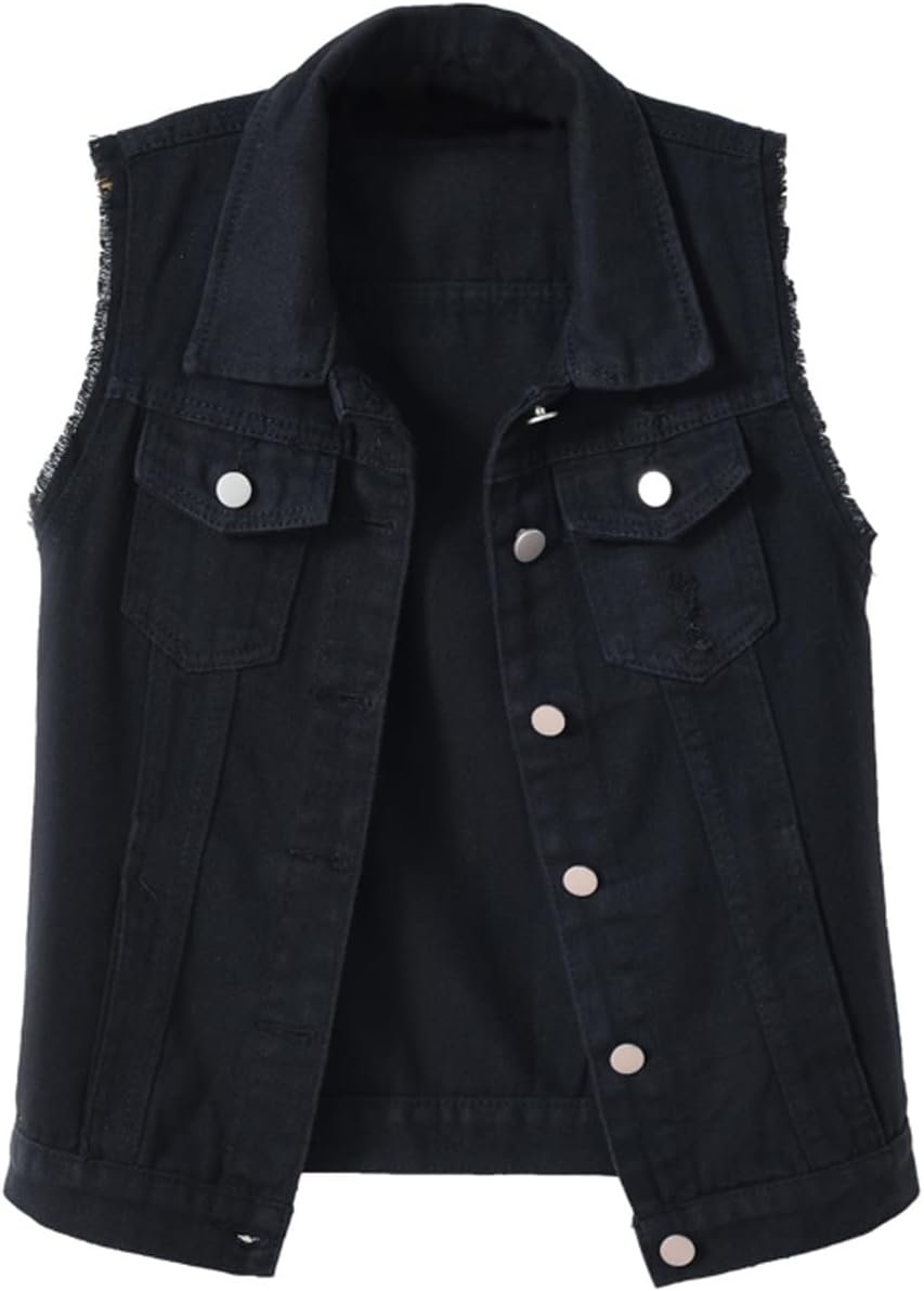 Women's Casual Waistcoat Frayed Sleeveless Ripped Jacket Vest with Pockets