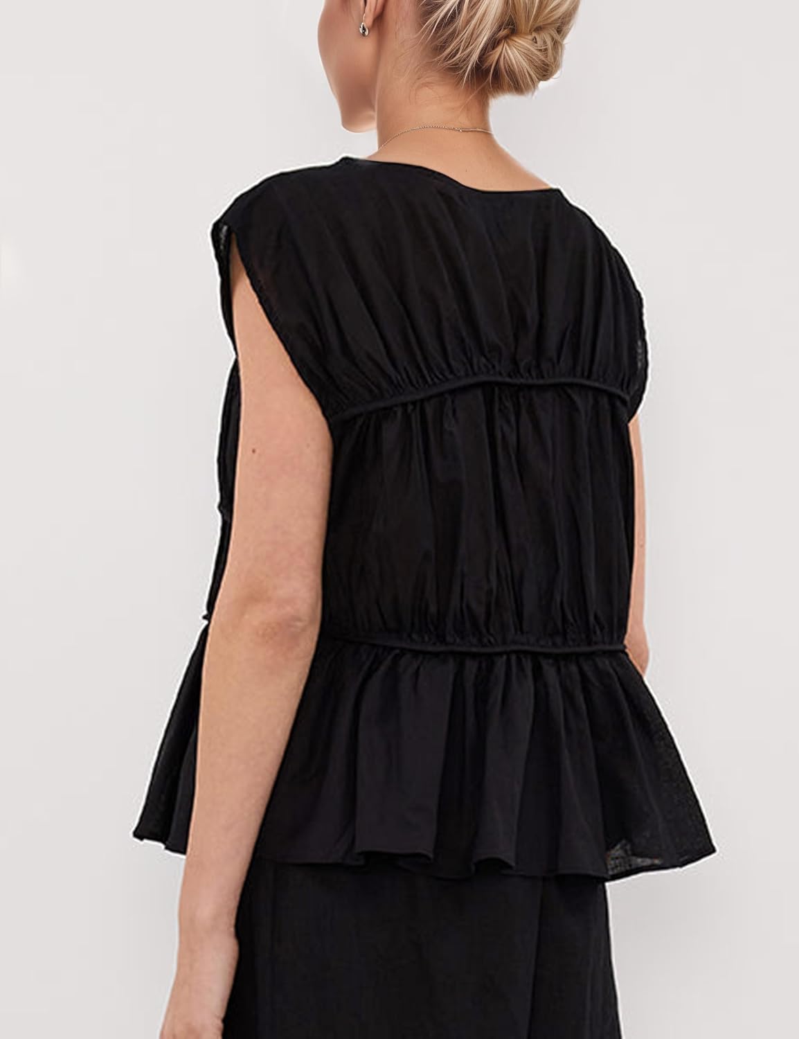 Women's Casual Tiered Shirred Tank Top Crew Neck Cap Sleeve Pleated Flared Hem Babydoll Tee Shirt Blouse Tops