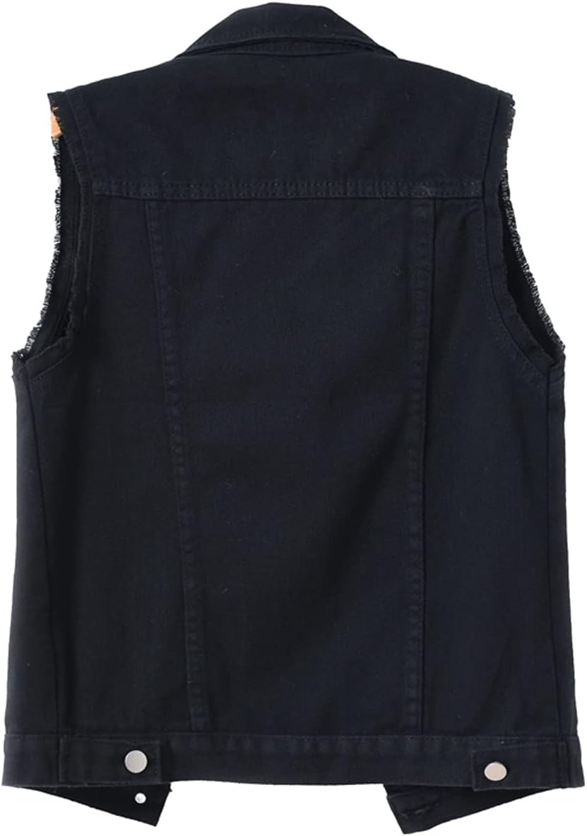Women's Casual Waistcoat Frayed Sleeveless Ripped Jacket Vest with Pockets