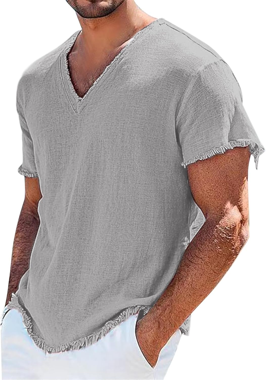 Mens Cotton Linen V-Neck Shirts Retro Frayed Casual Tshirts Short Sleeve Muscle Fit Blouse Summer Vacation Beach Tees Mens Cotton Linen V-Neck Shirts Retro Frayed Casual Tshirts Short Sleeve Muscle Fit Blouse Summer Vacation Beach Tees