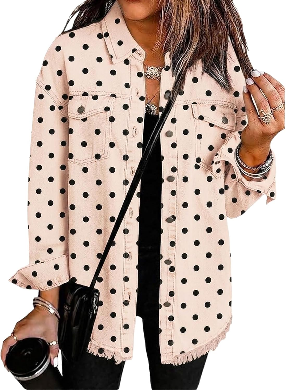 Polka Dot Frayed Hem Shirt Jacket Women Long Sleeve Button Down Shacket Polka Dot Frayed Hem Shirt Jacket Women Long Sleeve Button Down Shacket