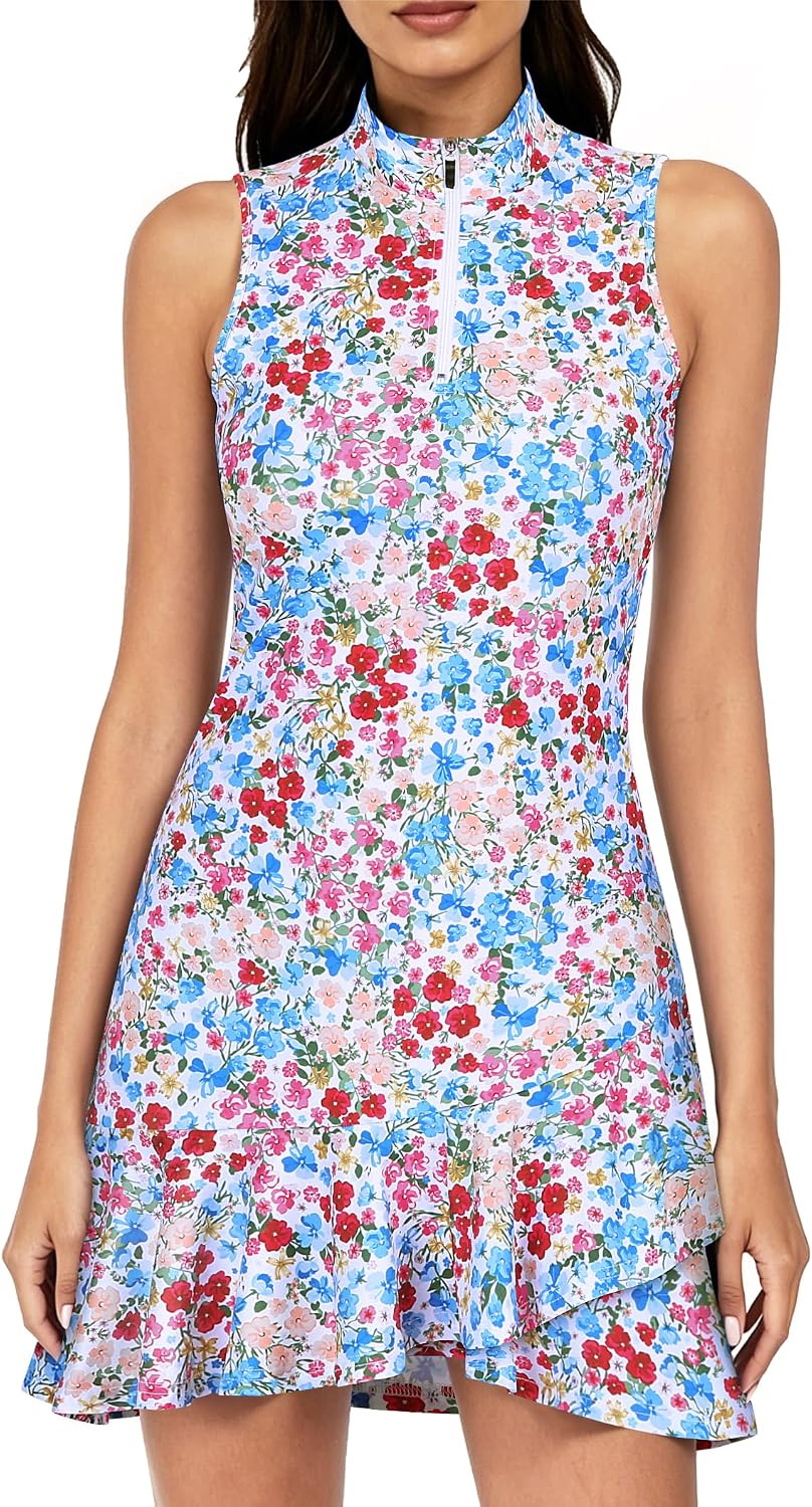 Tennis Golf Dresses for Women Sleeveless Athletic Dress Zip Up Ruffle Golf Outfits