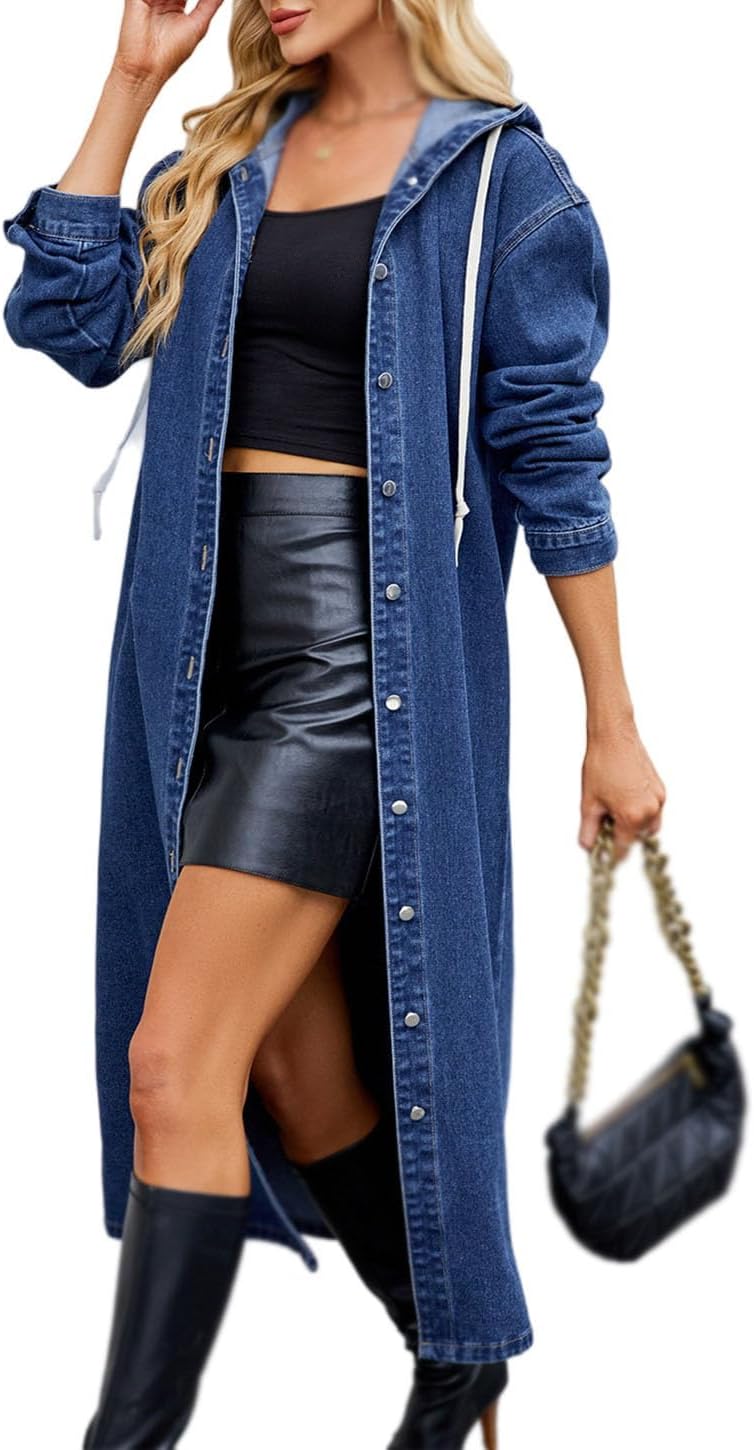 Women's Long Hooded Jacket Long Sleeve Button Down Jean Jacket Boyfriend Casual Streetwear Outerwear