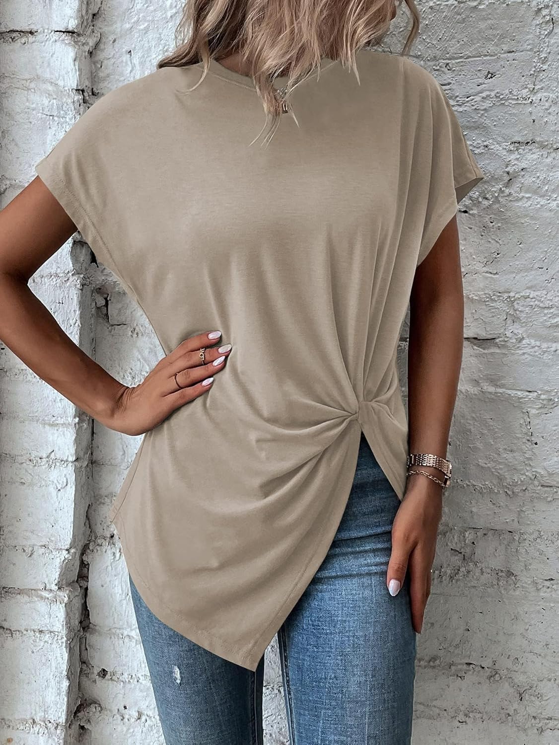 Asymmetrical Tops for Women Twist Front Top Crewneck Knot Short Sleeve T Shirts Asymmetrical Tops for Women Twist Front Top Crewneck Knot Short Sleeve T Shirts